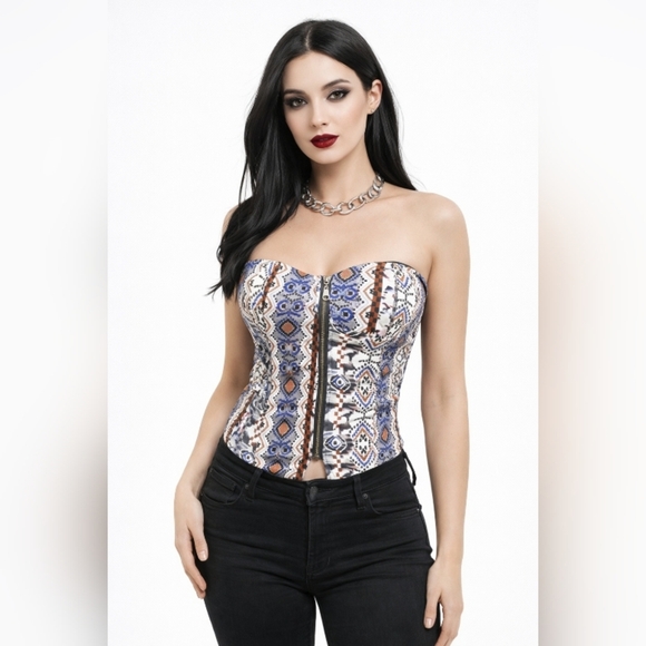 Say What? Tops - Say What Cropped Corset Top Front Zip Multicolor Pattern Women's M Sexy Intimate
